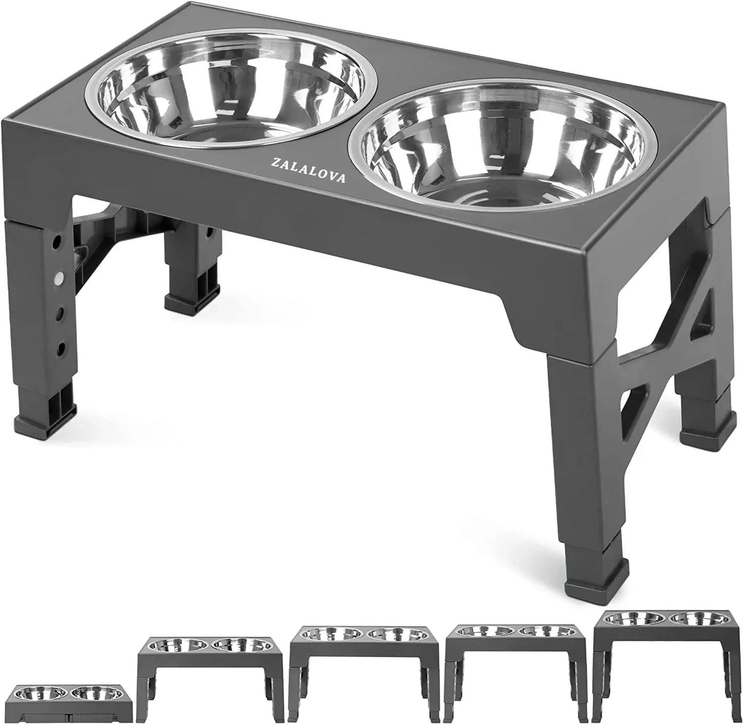 ZALALOVA Elevated Dog Bowls Stand with 2 Stainless Steel Dishes, Raised Dog Bowl Adjusts to 5 Heights (3.15", 8.9", 10",11.2", 12.4") for Medium and Large Dogs(Black) MAWAY