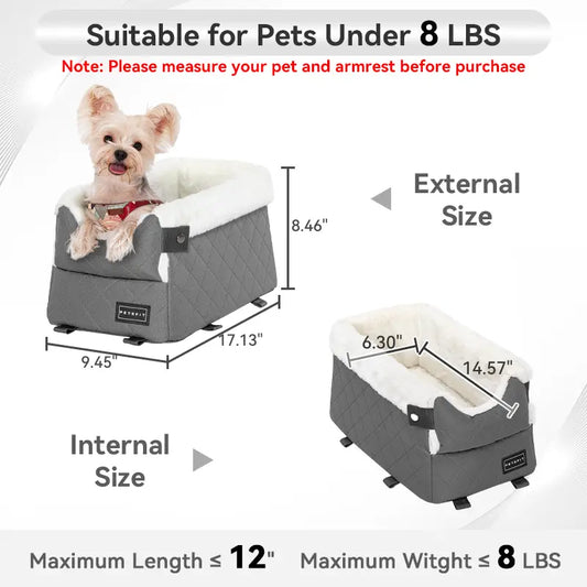 [5-Year Warranty] PETSFIT Center Console Dog Car Seat with Safe Protection Hooks, Pet Car Seat with Upgraded Safety Tethers, Washable Cushion, Console Dog Car Seats for Small Dogs up to 8 Lbs (Grey)