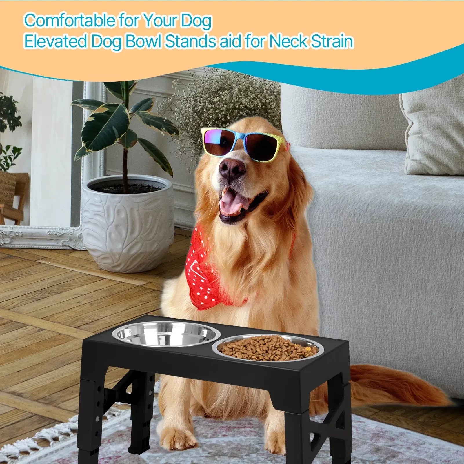 ZALALOVA Elevated Dog Bowls Stand with 2 Stainless Steel Dishes, Raised Dog Bowl Adjusts to 5 Heights (3.15", 8.9", 10",11.2", 12.4") for Medium and Large Dogs（Black） MAWAY