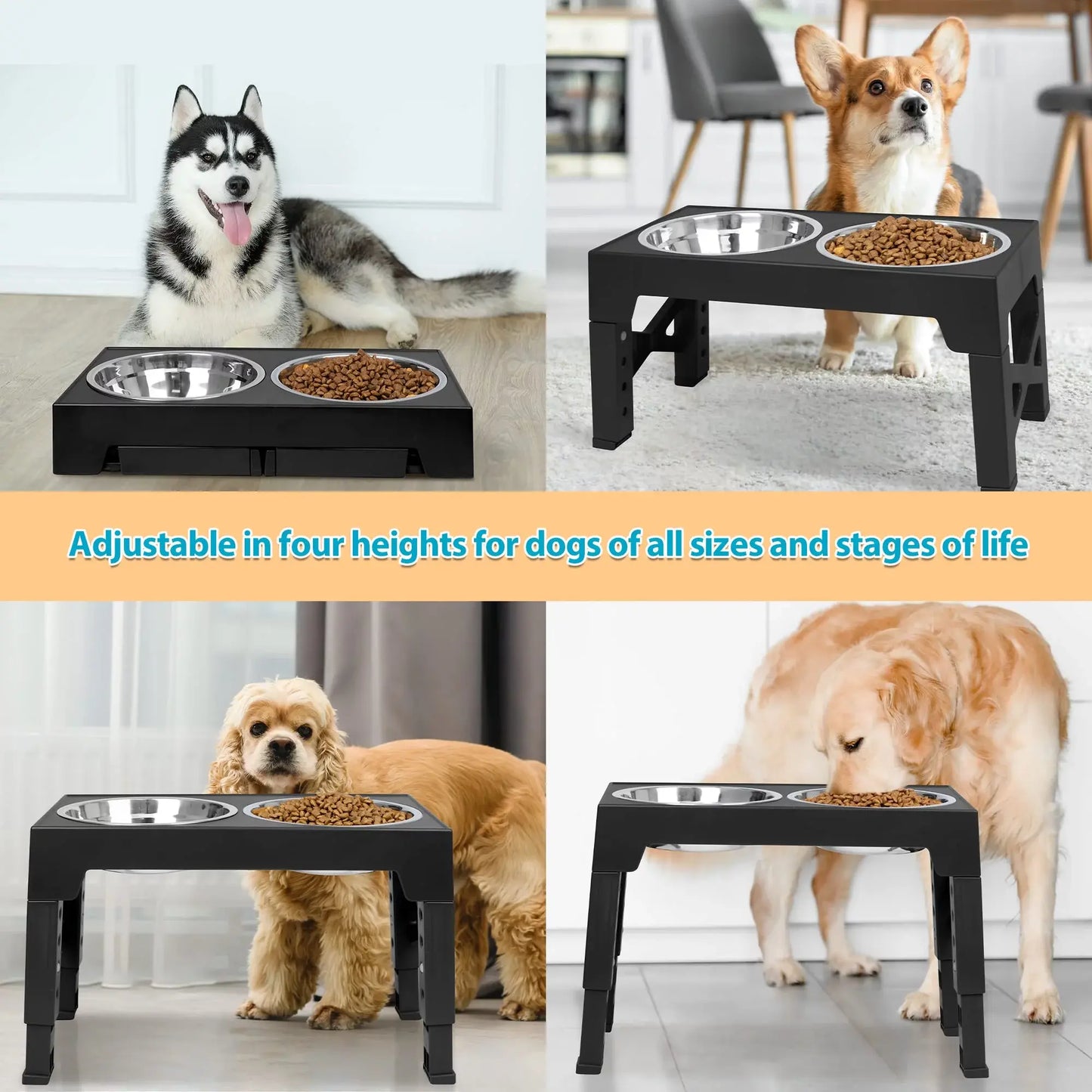 ZALALOVA Elevated Dog Bowls Stand with 2 Stainless Steel Dishes, Raised Dog Bowl Adjusts to 5 Heights (3.15", 8.9", 10",11.2", 12.4") for Medium and Large Dogs（Black） MAWAY