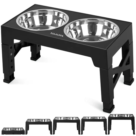 ZALALOVA Elevated Dog Bowls Stand with 2 Stainless Steel Dishes, Raised Dog Bowl Adjusts to 5 Heights (3.15", 8.9", 10",11.2", 12.4") for Medium and Large Dogs（Black） MAWAY