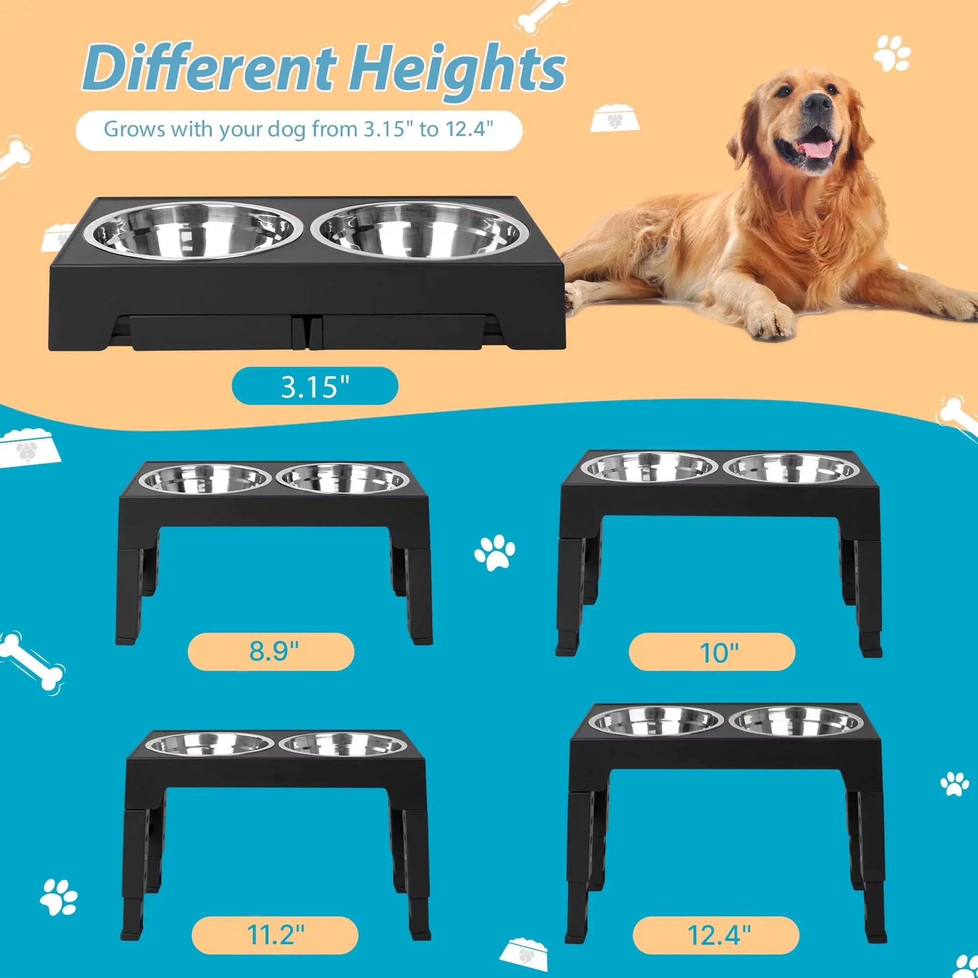 ZALALOVA Elevated Dog Bowls Stand with 2 Stainless Steel Dishes, Raised Dog Bowl Adjusts to 5 Heights (3.15", 8.9", 10",11.2", 12.4") for Medium and Large Dogs（Black） MAWAY